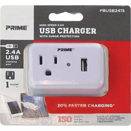 PRIME Surge Protector with USB Charger, 125 V, 15 A, 1 -Outlet, 150 J Energy, White PBUSB241S